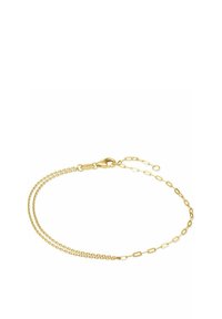 Zartes Goldarmband mit zwei Kettenarten, einer feinen und einer mit verlängerten Gliedern, ausgestattet mit einem Karabinerverschluss und einer verstellbaren Kette.