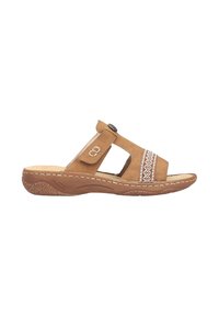 Brown suede sandal with two overlapping straps, decorative white stitching, adjustable side buckle, and textured rubber sole.