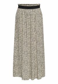 Midi skirt made of lightweight fabric, featuring a black and cream spotted pattern, with an elastic black waistband and a flowing silhouette.