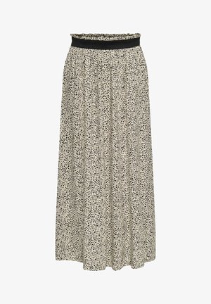 Saia midi feita de tecido leve, com um padrão salpicado em preto e creme, possuindo uma cintura elástica preta e uma silhueta fluida.