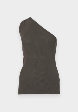 Asymmetrical one-shoulder top in dark green ribbed fabric, fitted silhouette, seamless edges, with gather detail near the shoulder.
