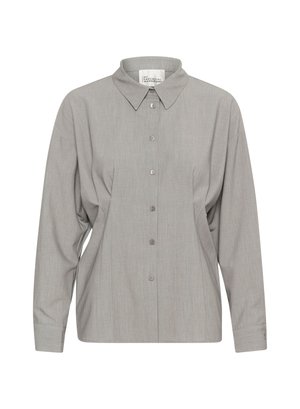 Gray long-sleeve shirt with a classic collar, front button closure, and subtle texture. Features loose fit and gathered detailing at sides.