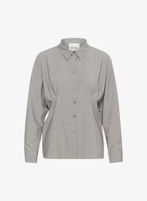 Gray long-sleeve shirt with a classic collar, front button closure, and subtle texture. Features loose fit and gathered detailing at sides.