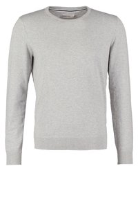 Pullover grigio a girocollo realizzato in tessuto morbido e elasticizzato. Presenta maniche lunghe, polsini a coste e orlo a coste per una vestibilità aderente.