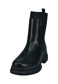 Black leather ankle boot with elastic side panels, a round toe, and a textured rubber sole for grip. Features a pull tab for easy wear.