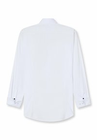 Weißes Langarmhemd mit klassischem Kragen, Knopfmanschetten und glatter Textur mit seitlichen Nahtdetails. Schlichtes Rückendesign.