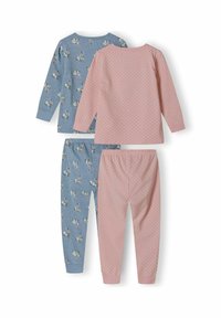 Două seturi de pijama pentru copii, unul roz cu puncte albe, iar celălalt albastru cu imprimeu de iepurași, prezentate din spate pe un fundal alb.