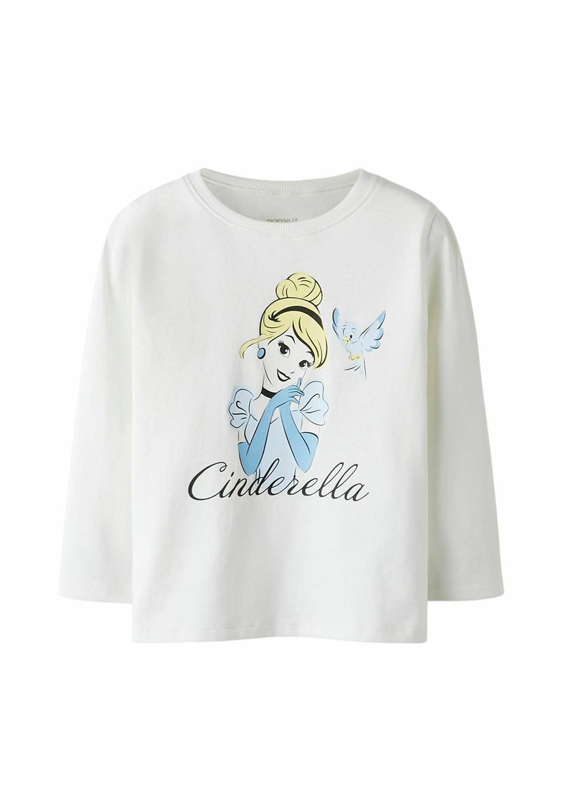 Biała koszula z długim rękawem z kreskówkowym motywem Kopciuszka w niebieskiej sukience, z nadrukowanym poniżej imieniem "Kopciuszek" czarnym tekstem.