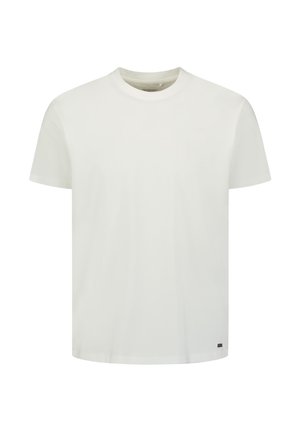 Effen wit t-shirt met korte mouwen en een ronde hals, met een klein logolabel aan de onderste zoom, op een witte achtergrond.