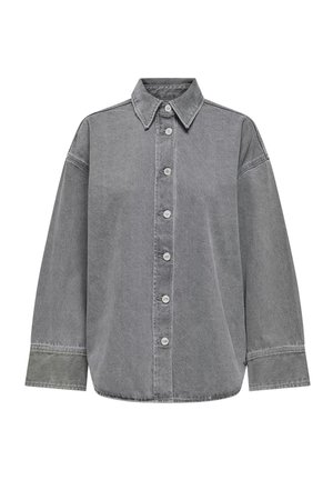 Šedá denimová košile s designem na knoflíky, klasickým límečkem a dlouhými rukávy s manžetami. Hladká textura a uvolněný střih.