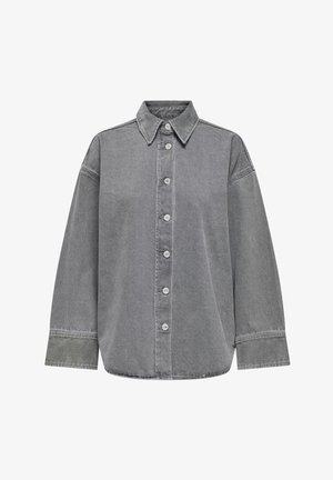 Graues Jeanshemd mit durchgehender Knopfleiste, klassischem Kragen und langen Ärmeln mit Manschetten. Glatte Textur und lockere Passform.