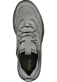 Sneaker grigio con tomaia in pelle liscia e mesh, punta rotonda, occhiali rinforzati e suola in gomma testurizzata; presenta il marchio Geox.