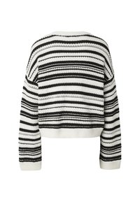 Pull en maille à manches longues à rayures noires et blanches, avec des rayures horizontales alternant entre épaisses et fines, vu de dos.