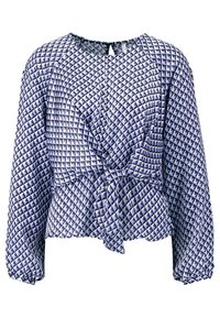 Långärmad blus i strukturerad tyg, med ett geometriskt mönster i lila och vitt, med en knytning vid midjan och rund hals.