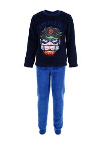 Conjunto de pijama de forro polar color navy que incluye una camiseta de manga larga con un gráfico de superhéroe y pantalones de forro polar azules con puños acanalados.