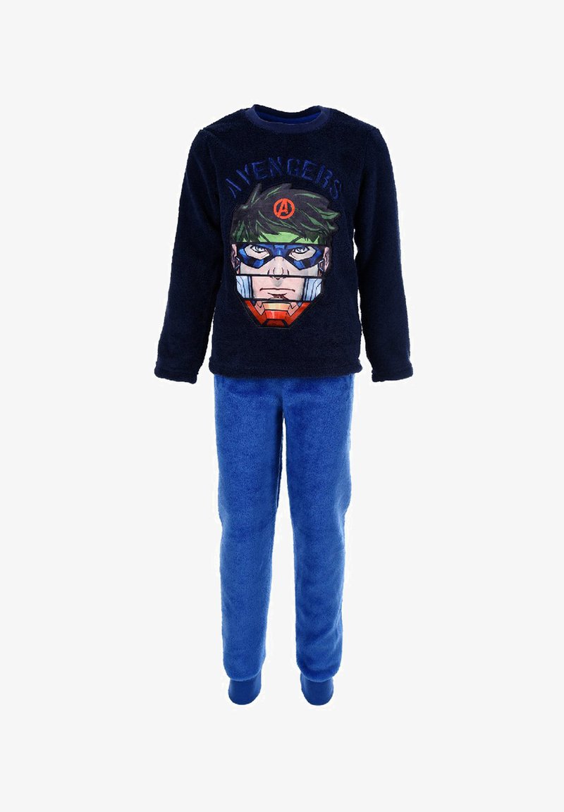 Marineblaues Fleece-Pyjama-Set mit einem langärmeligen Oberteil, das ein Superhelden-Motiv zeigt, und blauen Fleece-Hosen mit gerippten Bündchen.