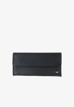 Black leather wallet with flap closure and small silver logo in the bottom right corner, shown closed on a white background.