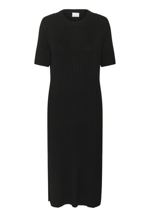 Abito in maglia nera a coste con maniche corte, scollatura rotonda e taglio dritto. Il materiale presenta un motivo testurizzato, con spacchi laterali all'orlo.