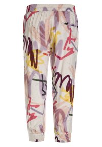 Weiße Jogginghose mit elastischen Bündchen und Taillenbund, die farbenfrohe, abstrakte Graffiti-Muster in Lila, Rot, Gelb und Grün aufweist.