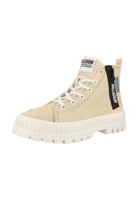Beige high-top sneakers with white rubber sole, featuring a zipper on the side, contrasting accents, and lace-up front. Textured fabric upper.