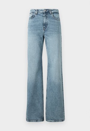Ljusblå vida jeans i denim, med hög midja, fem fickor och knappstängning. Slät textur med en blekt finish.