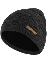 Schwarze gestrickte Mütze mit einem strukturierten Schachbrettmuster. Besitzt ein weiches Innenfutter und ein kleines Lederschild mit der Prägung "normani".