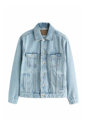 Hellblauer Jeansjacke mit Kragen, Knopfleiste, zwei Brusttaschen und seitlichen Taschen. Verwaschene Textur und Nahtdetails.