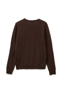 Brązowy sweter dzianinowy z długimi rękawami, ściągaczami przy mankietach i u dołu, oraz okrągłym dekoltem, charakteryzujący się gładką fakturą i prostym wzornictwem.