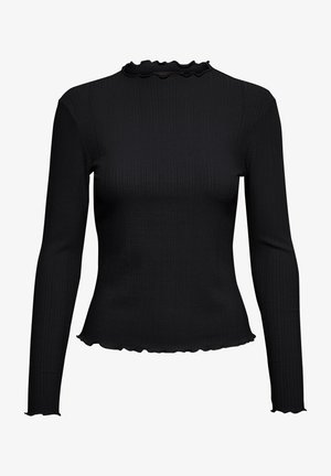 Top lung cu maneci lungi, de culoare neagră, cu guler înalt și margini ondulate. Design ajustat, textură netedă și minimalism în decorare.