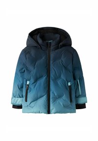 Pufferjakke med en ombre-gradient fra mørk til lys blå, med hette, frontglidelås og svarte glidelåslommer. Glatt, polstret tekstur.