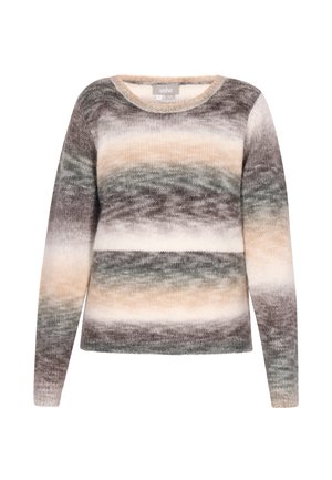 Mitmekesise värviga kootud sviiter pika varrukaga, millel on horisontaalsed triibud rohelise, beeži ja halli toonides. Ümar kaelus ja pehme tekstuur.