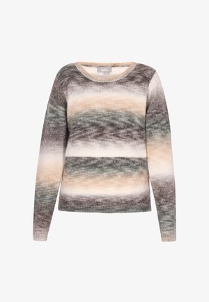 Mitmekesise värviga kootud sviiter pika varrukaga, millel on horisontaalsed triibud rohelise, beeži ja halli toonides. Ümar kaelus ja pehme tekstuur.