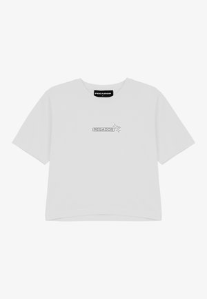 Biała koszulka z krótkim rękawem, wykonana z bawełny. Ma okrągły dekolt, luźny krój oraz szare logo nadrukowane na centralnej części przodu.