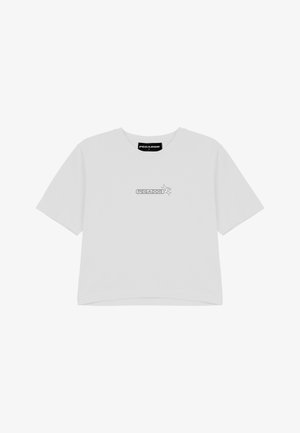 Biała koszulka z krótkim rękawem, wykonana z bawełny. Ma okrągły dekolt, luźny krój oraz szare logo nadrukowane na centralnej części przodu.