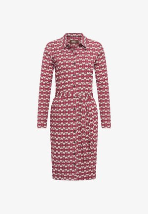 Red dress with white floral pattern, long sleeves, button down front, and a cinched waist. Made of lightweight fabric, collared design.