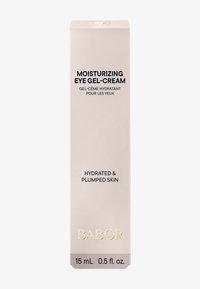 Emballage du gel-crème hydratant pour les yeux Babor en beige clair avec du texte foncé. Présente une forme rectangulaire élégante, des accents dorés et des détails de taille.