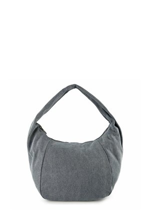 Borsa a tracolla in tessuto grigio con struttura morbida e tracolla larga, mostrata su uno sfondo bianco.