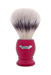 Red resin shaving brush with a rounded base, featuring a dense, soft white and dark tipped bristle head and a "PLISSON" logo on a ribbon.