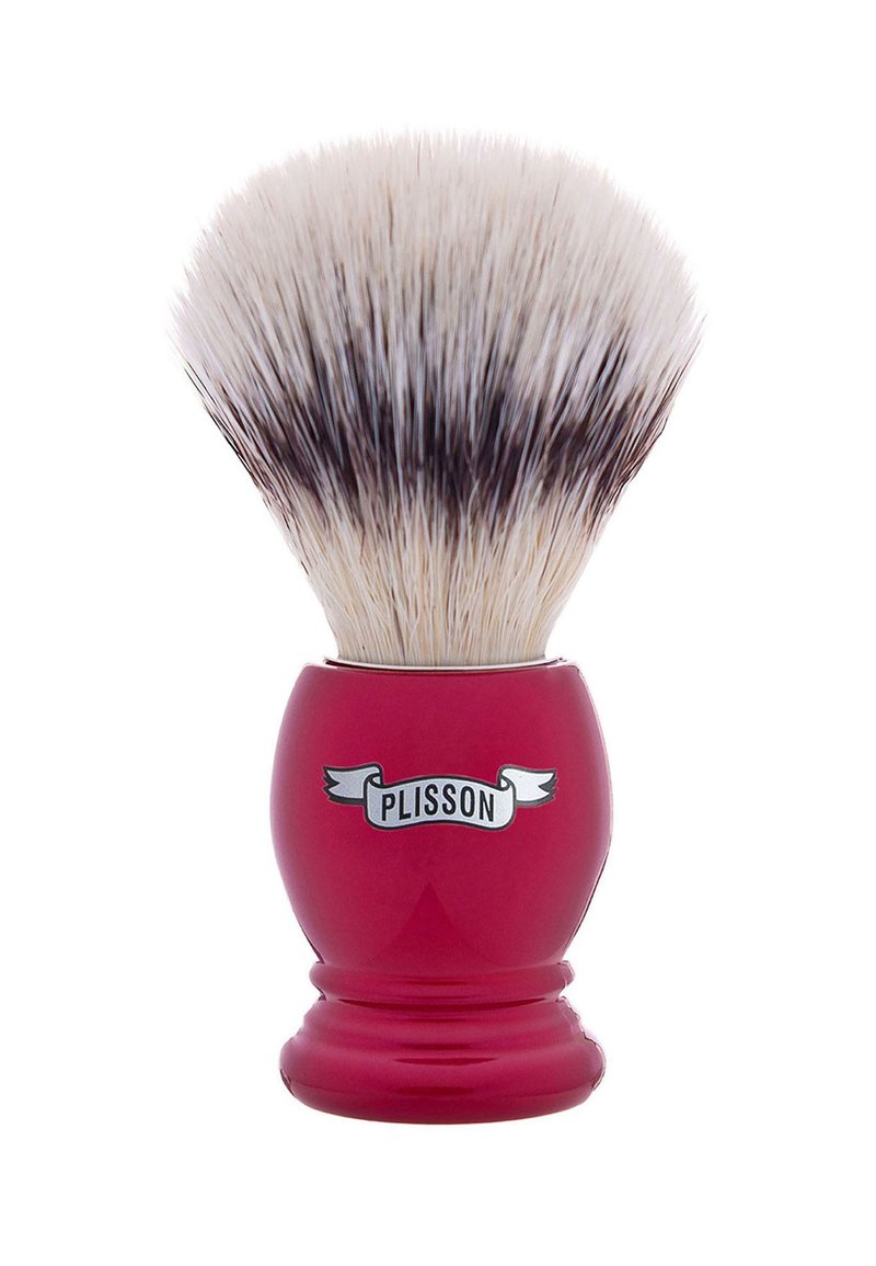 Red resin shaving brush with a rounded base, featuring a dense, soft white and dark tipped bristle head and a "PLISSON" logo on a ribbon.
