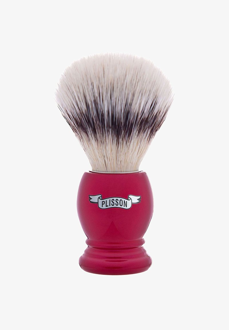 Red resin shaving brush with a rounded base, featuring a dense, soft white and dark tipped bristle head and a "PLISSON" logo on a ribbon.
