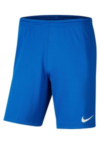 Blaue Sportshorts aus leichtem Material. Sie verfügen über einen elastischen Bund und ein weißes Nike Swoosh-Logo auf der unteren rechten Seite.