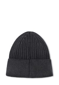 Bonnet en tricot gris foncé avec une texture côtelée, présentant un revers replié et un design sans couture sur le dessus.
