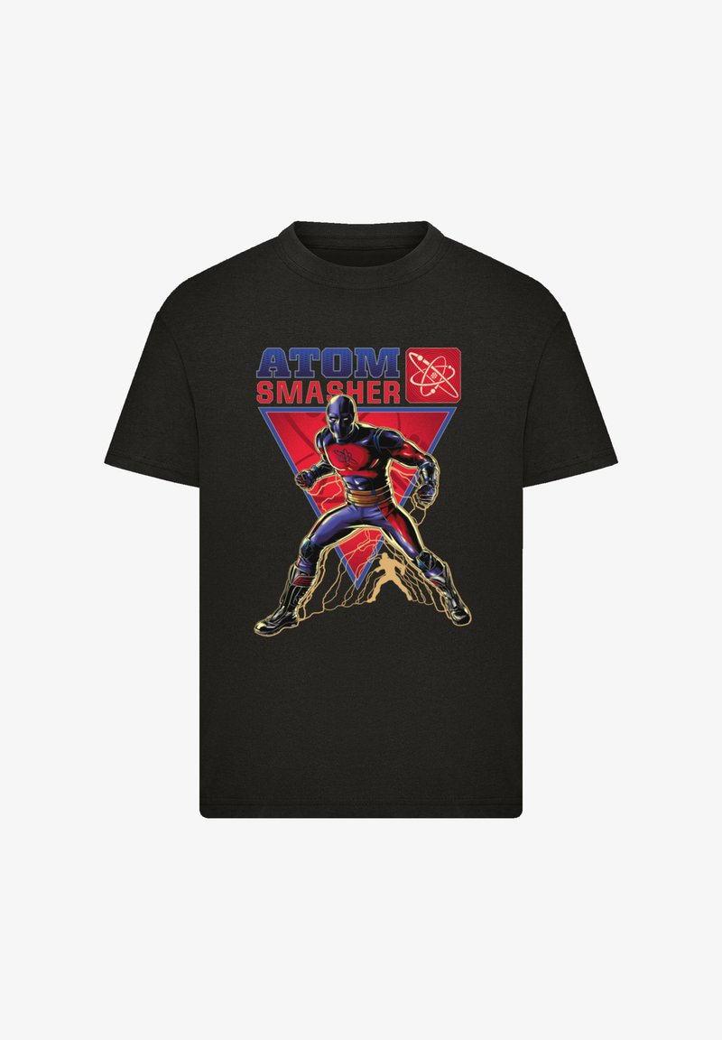 Black cotton t-shirt featuring a graphic of a superhero in blue and red costume, with "ATOM SMASHER" text and geometric design in background.