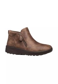 Stivaletti in pelle marrone con zip laterale, suola imbottita, punta rotonda e una finitura liscia e textured.