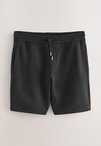 Črne kratke hlače iz mehke tkanine z elastičnim pasom z vrvico za zavezovanje, stranskimi žepi in gladko teksturo.