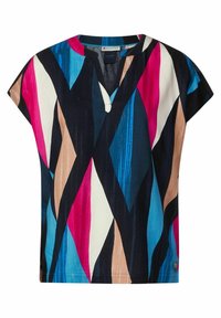 Haut coloré à manches courtes avec un décolleté en V, présentant des motifs géométriques en marine, rose, bleu, beige et blanc. Fabriqué en tissu léger.