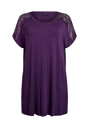 Purple shirt with short sleeves, featuring lace accents on shoulders, relaxed fit, and a round neckline in soft fabric.