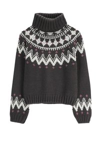 Ciemnoszary sweter z golfem, wykonany z dzianiny, z białymi i jasnopurpurowymi geometrycznymi wzorami na klatce piersiowej, rękawach i ramionach.
