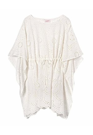 Tunica bianca in pizzo sangallo con ampie maniche a pipistrello, orlo smerlato e vita regolabile con coulisse.