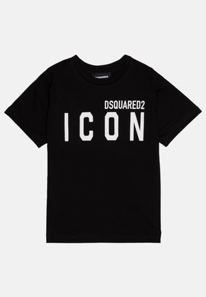 Sort bomulds t-shirt med hvid bloktryk af "DSQUARED2" ovenfor "ICON." Klassisk crew neck med korte ærmer og normal pasform.